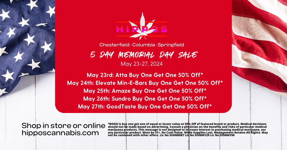 Hippos Weed Dispensary Memorial Day Sale Weekend May 2024 (1200 x 628 px)